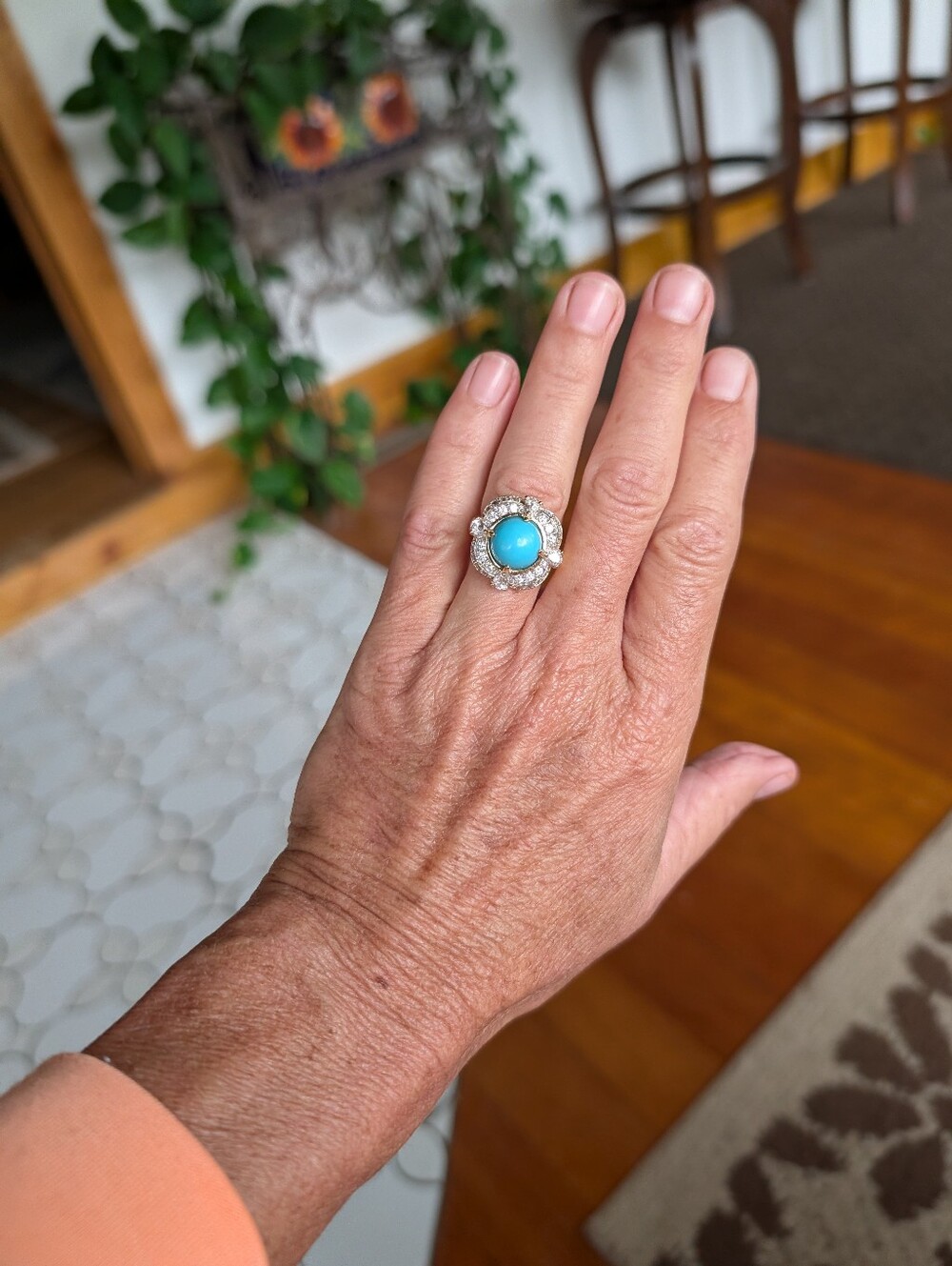 Sleeping Beauty Turquoise Halo 925 Sterling Silver Gold Plated Cocktail Ring, 7 - Picture 8 of 13